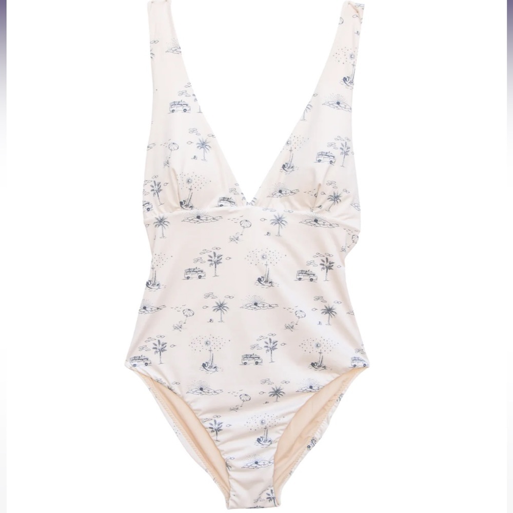 Kitty And Vibe White and Blue Plunge One Piece Bathing Suit